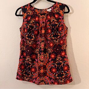 Merona Black Sleeveless Blouse with Orange & Pink Pattern – Size S – Pleated